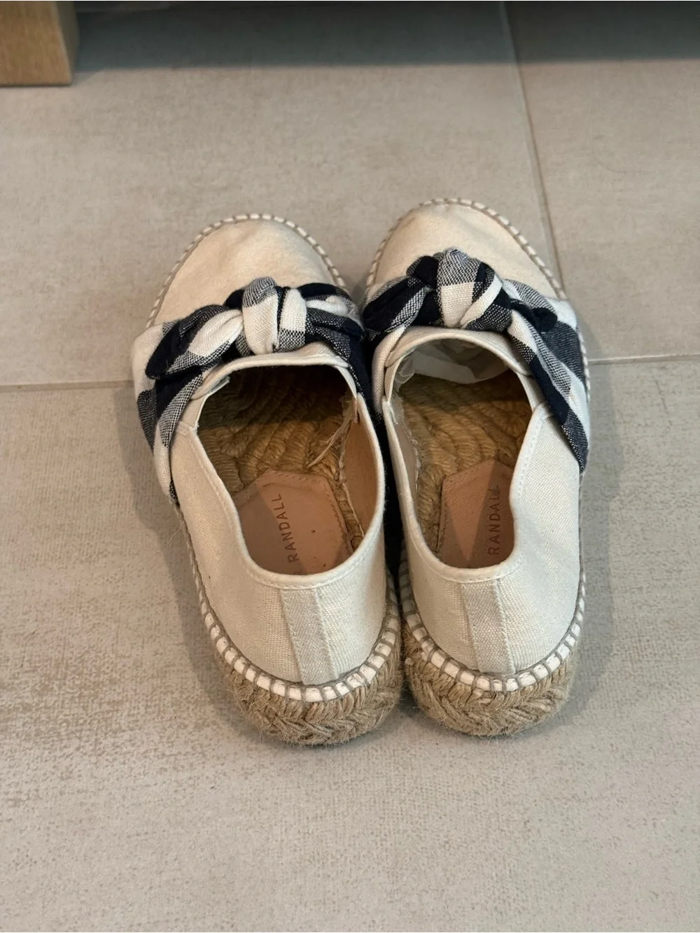 Loeffler Randall Cream Canvas Espadrille Slip-Ons with Black-and-Cream Plaid Bow